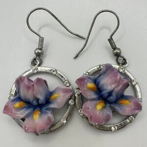 Franz Y2K Art Nouveau Revival purple porcelain iris flowers rhinestones earrings